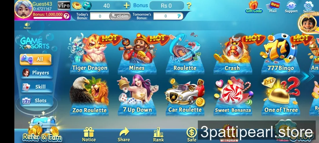 3 Patti Pearl game lobby showing Tiger Dragon, Mines, Roulette, Crash, 777 Bingo, Zoo Roulette, 7 Up Down, Car Roulette and Sweet Bonanza