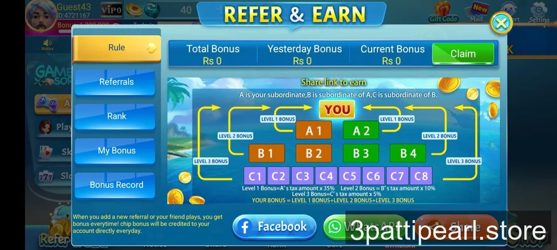 3 Patti Pearl Refer and Earn screen showing Level 1 bonus 35 percent, Level 2 bonus 10 percent and Level 3 bonus 5 percent